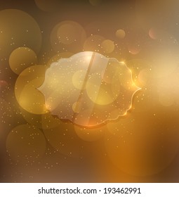 Vector greeting card - shiny glass retro label over a blurred unfocused golden photographic bokeh background with festive glitter