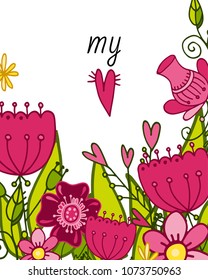vector greeting card with signature and composition of decorative pink flowers isolated on white background