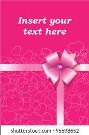 Vector greeting card with silk ribbon bow on ornate background