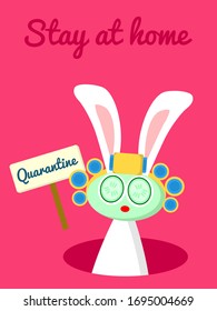 Vector greeting card with simple easter bunny with hole, mask, hair curlers on a bright rose background