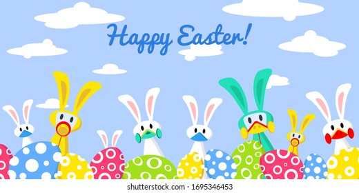 Vector greeting card with simple easter bunnies and mask, eggs on a bright blue background