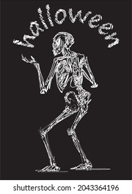 Tarjeta de bienvenida vectorial con boceto esqueleto humano y halloween de texto