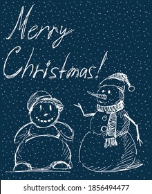 Vector greeting card with sketches joyful christmas snowmen