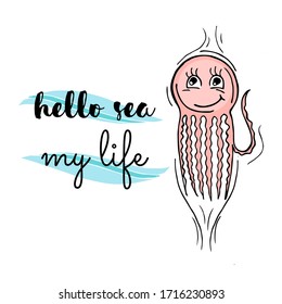 Tarjeta de saludo vectorial con una medusa sonriente. Un personaje bonito de rosa brillante.