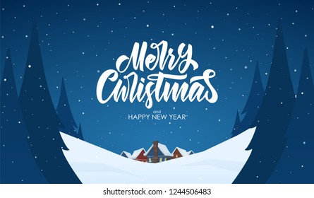 Vector Greeting Card. Snowy Landscape Background With Hand Lettering Of Merry Christmas, Night Village And Pines