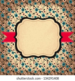 Vector greeting card with spring flowers pattern and vintage frame on grunge background