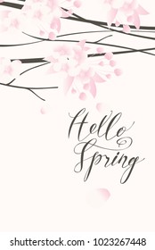 Vector greeting card with a spring landscape with leaves, buds and flowers on the branches of a blooming tree and a handwritten inscription Hello Spring