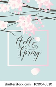 Vector greeting card with a spring landscape with leaves, buds and flowers on the branches of a blooming tree and a handwritten inscription Hello Spring in a frame on the background of blue sky