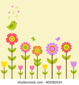 Vector greeting card for the spring theme. A bird sitting on a flower, among other colors.