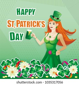Vector greeting card for St. Patrick's Day with a beautiful redhead girl in green hat and dress, with a beer