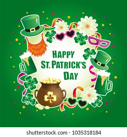 Vector greeting card  for St. Patrick's Day with decorative elements of beer mugs, clover, confetti and Leprechauns hats and with an inscription