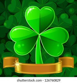 Vector greeting card for St. Patrick's Day with a beautiful clover and gold ribbon on a green background