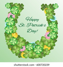Vector greeting card for St. Patrick's Day. Horseshoe lined with quartet, gold coins and clover flowers on a gradient background