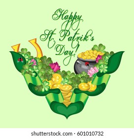 Vector greeting card for St. Patrick's Day. Green ribbon with quarterfoils, stacks of coins and flowers of clover. In the leaves of the clover hid a pot of coins and a horseshoe