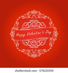 Vector greeting card for St Valentines day. Beautiful ornate illustration in vintage style, red background, vintage style 