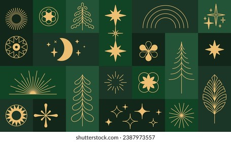 Vector greeting card with stars and sparkles in line style  - feliz navidad, horizontal banner and background, merry christmas and happy holidays