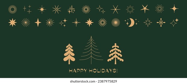 Vector greeting card with stars and sparkles in line style  - feliz navidad, horizontal banner and background, merry christmas and happy holidays