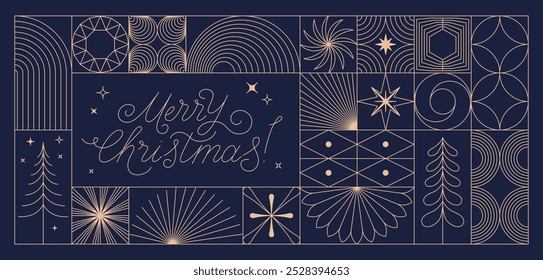 Vector greeting card with stars and sparkles in line style  - merry christmas hand-lettering with line shapes and forms, horizontal banner and background, happy holidays