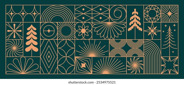 Vector greeting card with stars and sparkles in line style  - merry christmas card with line shapes and forms, horizontal banner and background, happy holidays