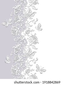 Vector greeting card with stylized flowers, leaves and butterflies. Floral lace background, seamless vertical border. Place for text.