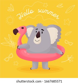 Vector greeting card for summer , start of vacation. A satisfied Koala goes to rest with a rubber circle in the shape of a pink Flamingo. Funny postcard, poster, banner, greeting.