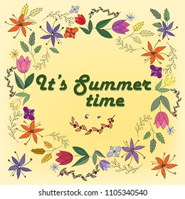 Vector greeting card with summer wreath of flowers, vector wreath of summer flowers