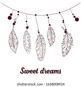 Vector greeting card. Sweet dreams. Contoured feathers on a string. Vector illustration. Stock vector.