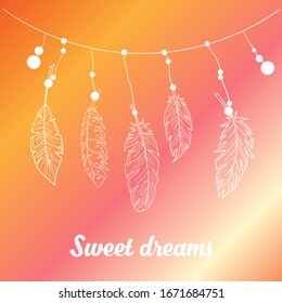 Vector greeting card. Sweet dreams. Contoured feathers on a string. Vector illustration. Stock vector. White outline on a multicolored background.