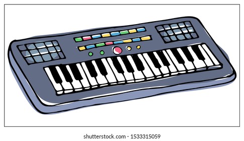 Vector greeting card with synthesizer. Cartoon colored isolated objects on a white background. Multicolored hand drawn illustration.