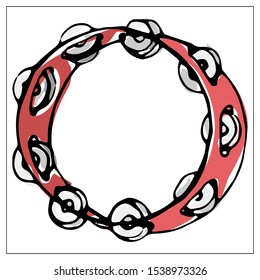 Vector greeting card with tambourine. Cartoon colored isolated objects on a white background. Multicolored hand drawn illustration.