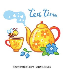 Vector greeting card with teapot and tea time inscription. Illustration of a tea set and a bee with flowers.