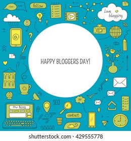 Vector greeting card template with blogging and social media hand drawn elements. Happy bloggers day. Doodle background. For banners and posters, cards, brochures, souvenirs, invitations designs.
