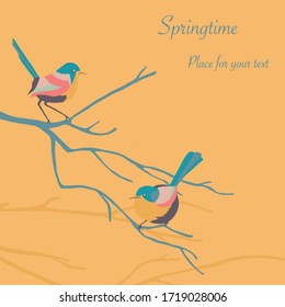 Vector greeting card template with bright birds sitting on a tree branch. Yellow background