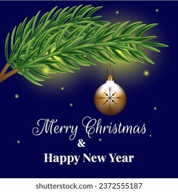 Vector greeting card template for Christmas and New Year on a blue background. Spruce branches illuminated from behind, a Christmas tree toy in the form of a ball and the inscription "Merry Christmas"