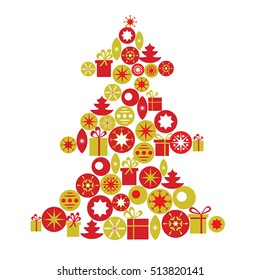 Vector greeting card template. Christmas tree made of gifts and toys.