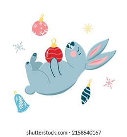 Vector greeting card template with a cute Christmas bunny in cartoon style, with Christmas tree toys. Children's illustration with cute animals for postcards, posters, design, fabrics.