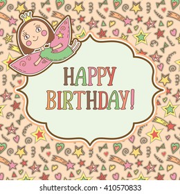 Vector greeting card template with cute little fairy and holiday background. Happy birthday children illustration