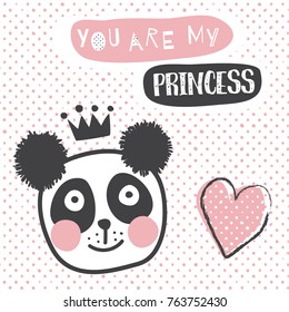 vector greeting card template, cute panda in a crown