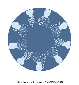 Vector greeting card template with field plants in pitchers . Hand drawn round frame . Space for text