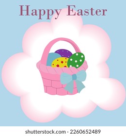 Vector greeting card template with flat illustration of easter basket with colorful painted eggs and text Happy Easter
