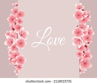 Vector greeting card template with flowers blossoms. For Valentine's day. Cherry flower spring banner with blooming sakura on the pastel background for wedding. Love 