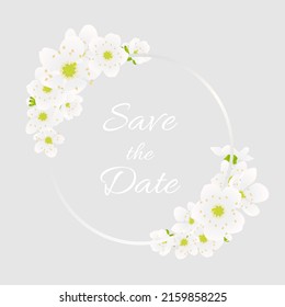 Plantilla de tarjeta de saludo vectorial con flores en flor. Por el día de San Valentín. Banner de primavera de flores de cerezo con sakura floreciente en el fondo gris con plata. Invitación para la boda, guardar la fecha