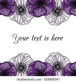 Vector greeting card template. Flowers anemones and place for your text..  All elements are isolated and editable.