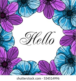 Vector greeting card template. Flowers anemones and place for your text..  All elements are isolated and editable.