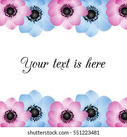 Vector greeting card template. Flowers anemones and place for your text.