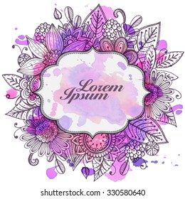 Vector Greeting card template with hand drawn doodle fancy flowers on watercolor background.