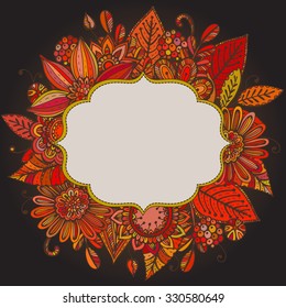 Vector Greeting card template with hand drawn colorful doodle fancy flowers
