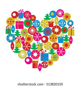 Vector greeting card template. Heart made of gifts and toys.