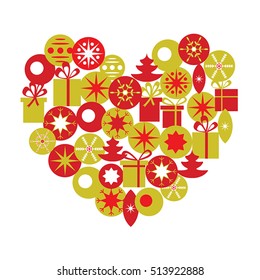 Vector greeting card template. Heart made of gifts and toys.