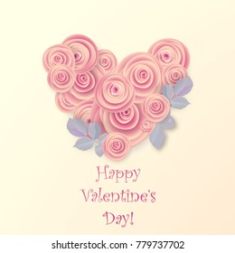 Vector greeting card template. Heart of bright pinc roses.